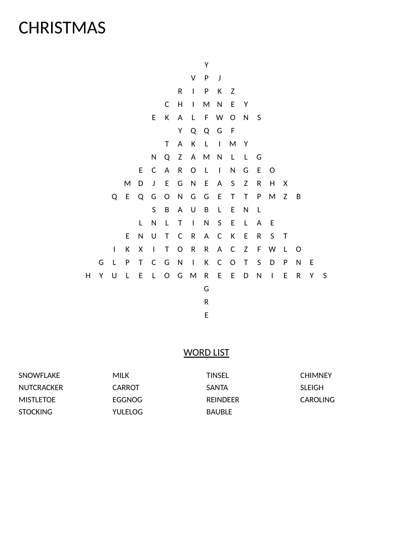 Christmas word search in a tree shape with Santa, reindeer, and holiday vocabulary.
