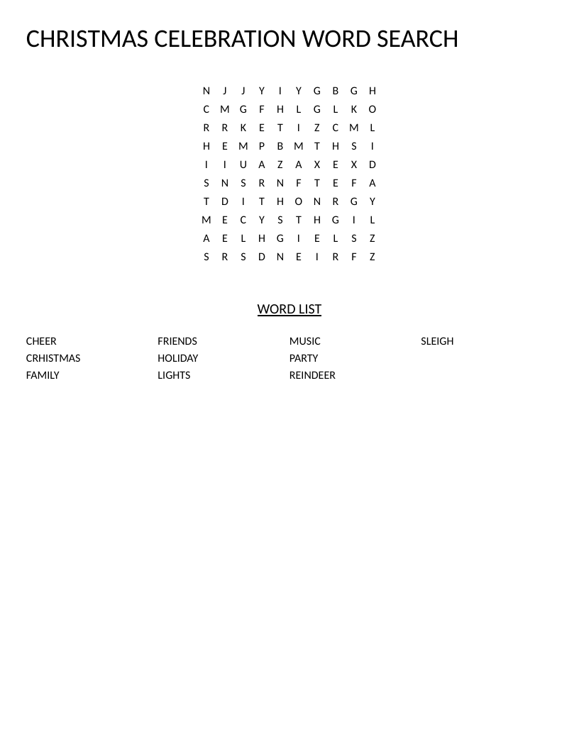 Christmas word search for young learners with holiday words like reindeer, sleigh, and lights.
