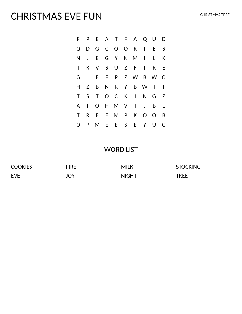 Christmas Eve word search for young children with words like stocking, tree, and cookies.