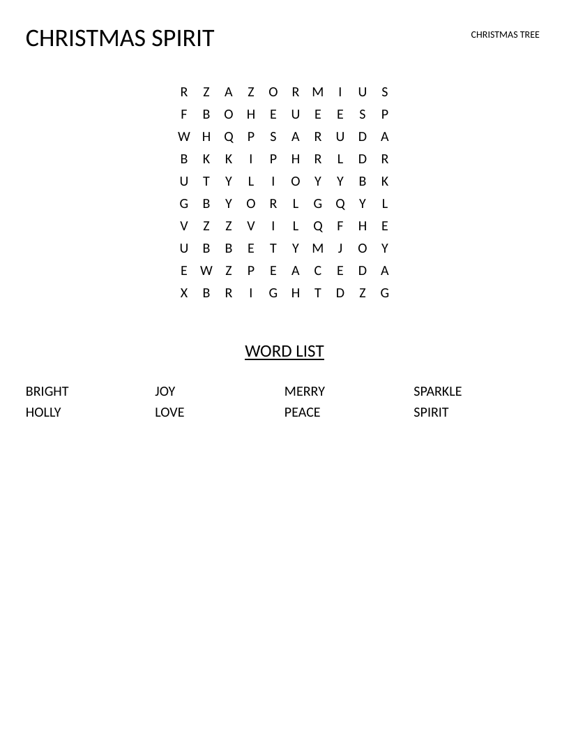 Christmas Spirit word search with festive words like joy, peace, merry, and sparkle.