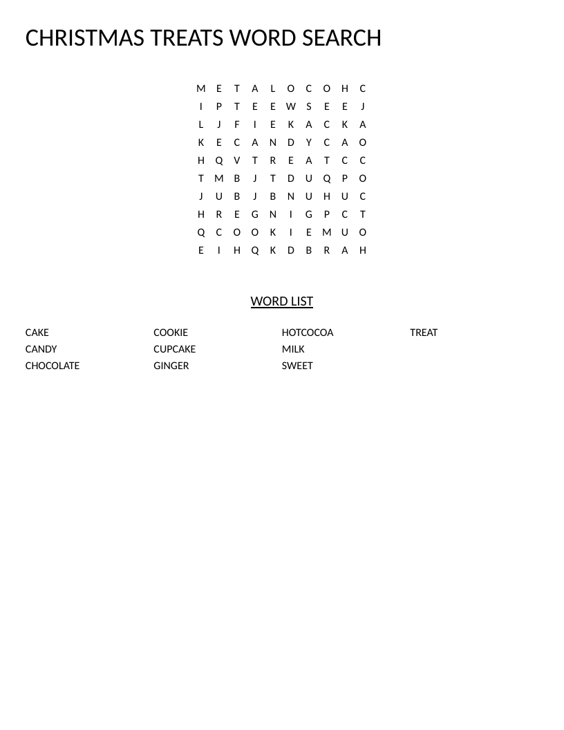 Christmas treats word search with candy, cookies, gingerbread, and hot cocoa.