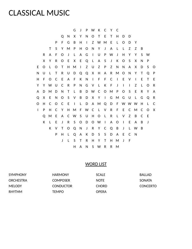 Circle-shaped classical music word search with terms like symphony, orchestra, and conductor.