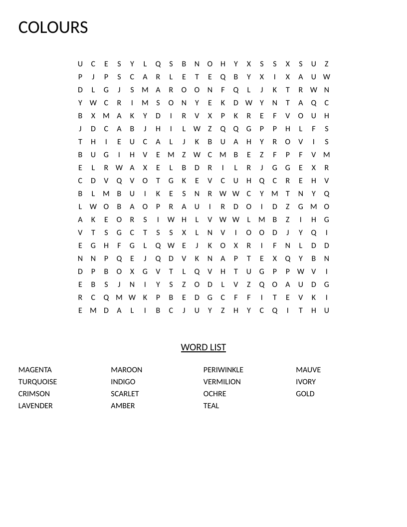 Colours word search with vocabulary including magenta, turquoise, and lavender.