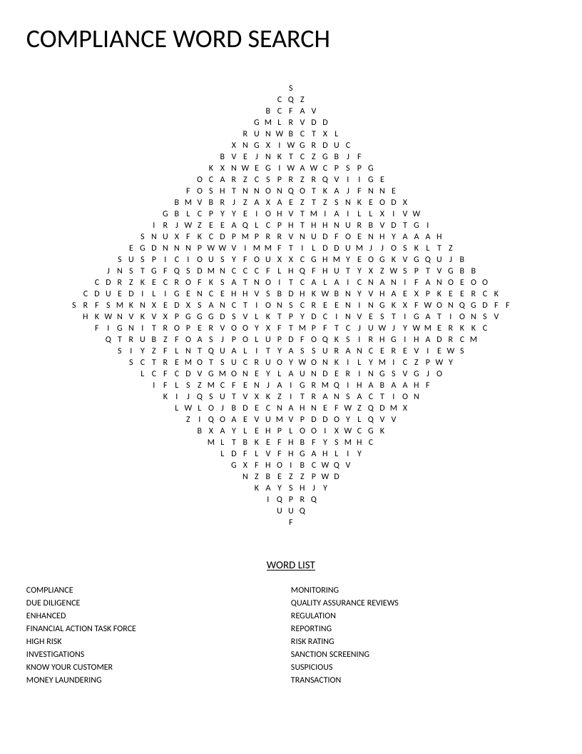 Compliance word search with AML terminology including Know Your Customer and sanctions screening.
