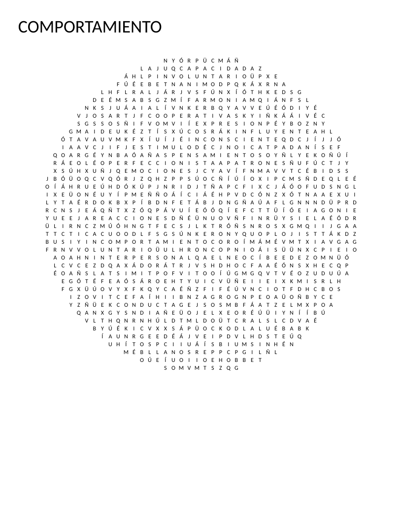 Circle-shaped Spanish word search on behavior with words like empatia, motivacion, and liderazgo.