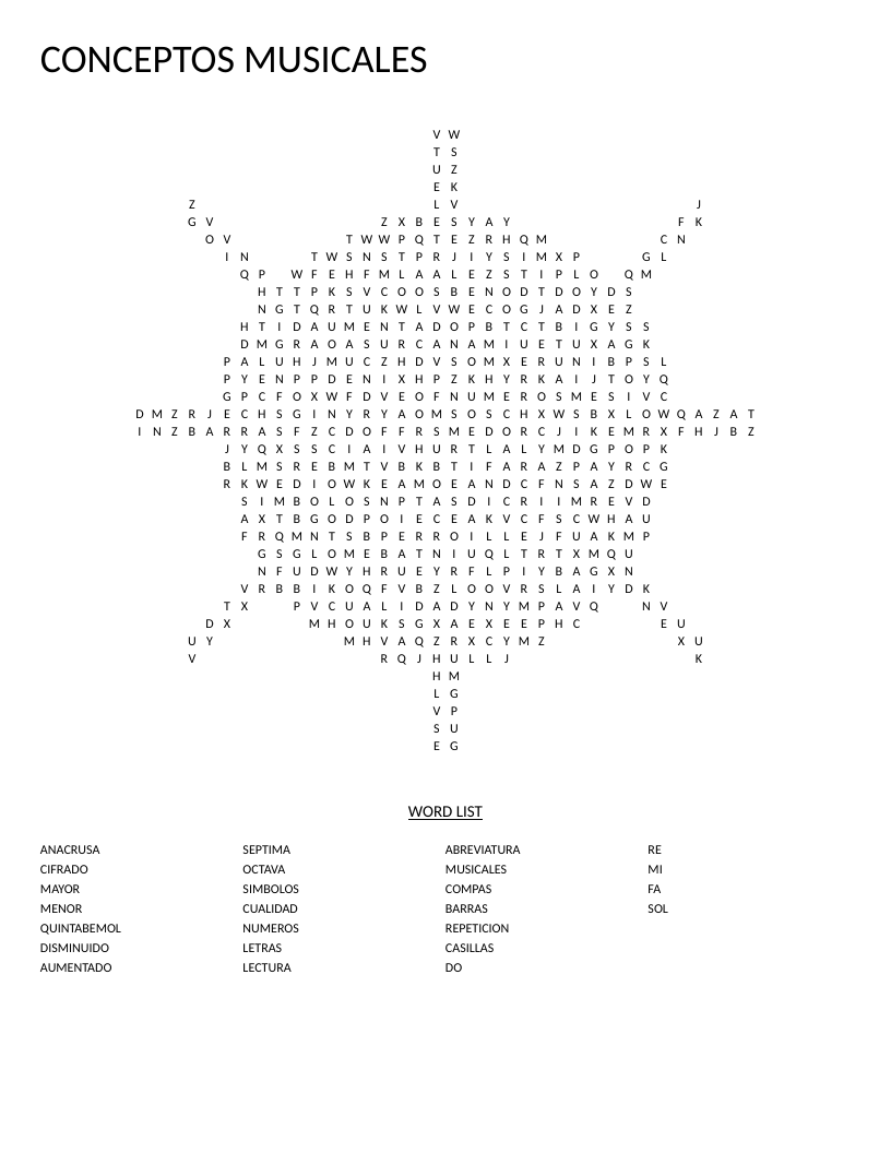 Sun-shaped Spanish music theory word search with terms like compás, cifrado, and musical scales.