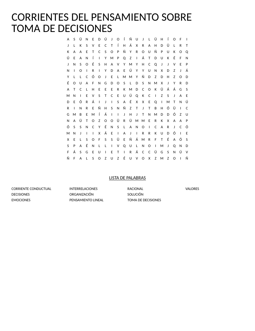 Spanish word search on decision-making schools of thought with words like pensamiento lineal and emociones.