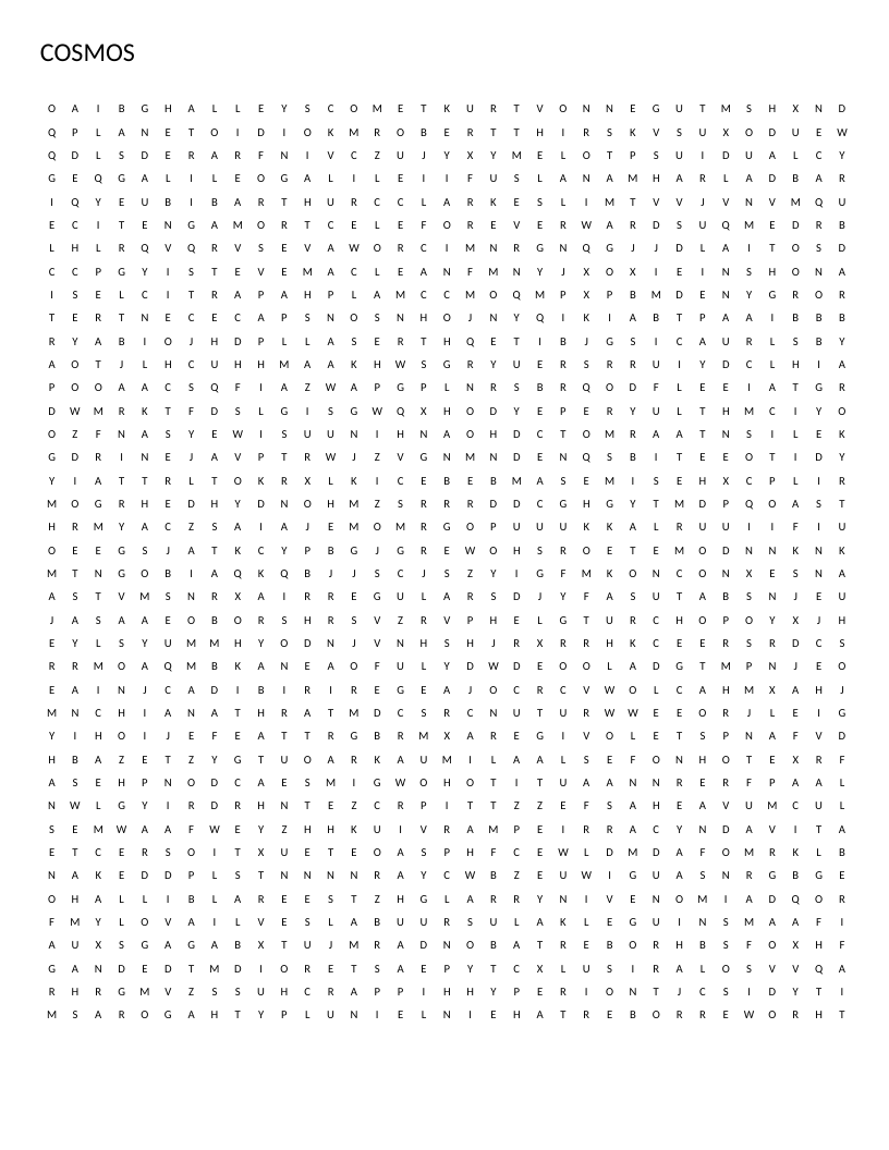 Cosmos word search featuring astronomers, space explorers, sci-fi authors, and cosmic phenomena.