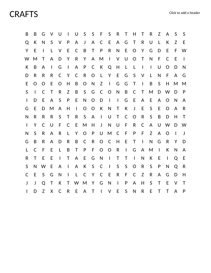 Crafts word search with DIY vocabulary including scissors, yarn, knitting, and origami.