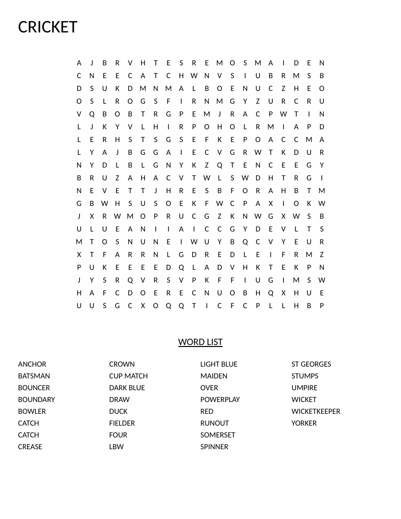 Cricket word search with words like batsman, wicket, boundary, and Cupmatch.