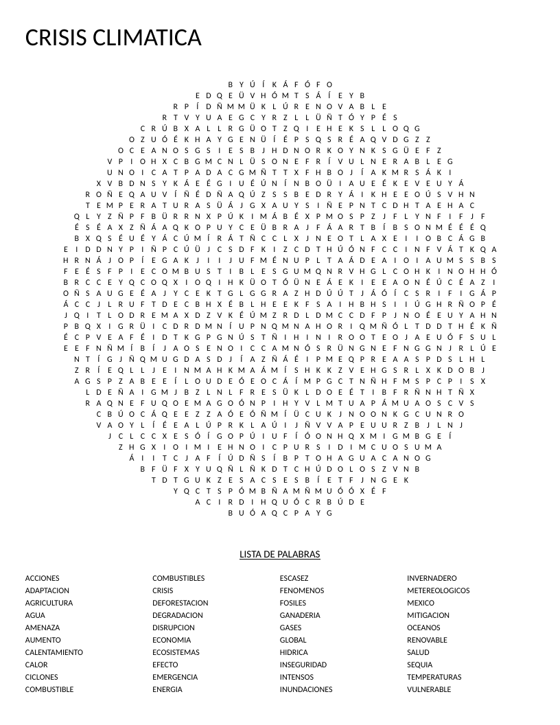 Spanish climate crisis word search with terms like calentamiento global, deforestación, and océanos.