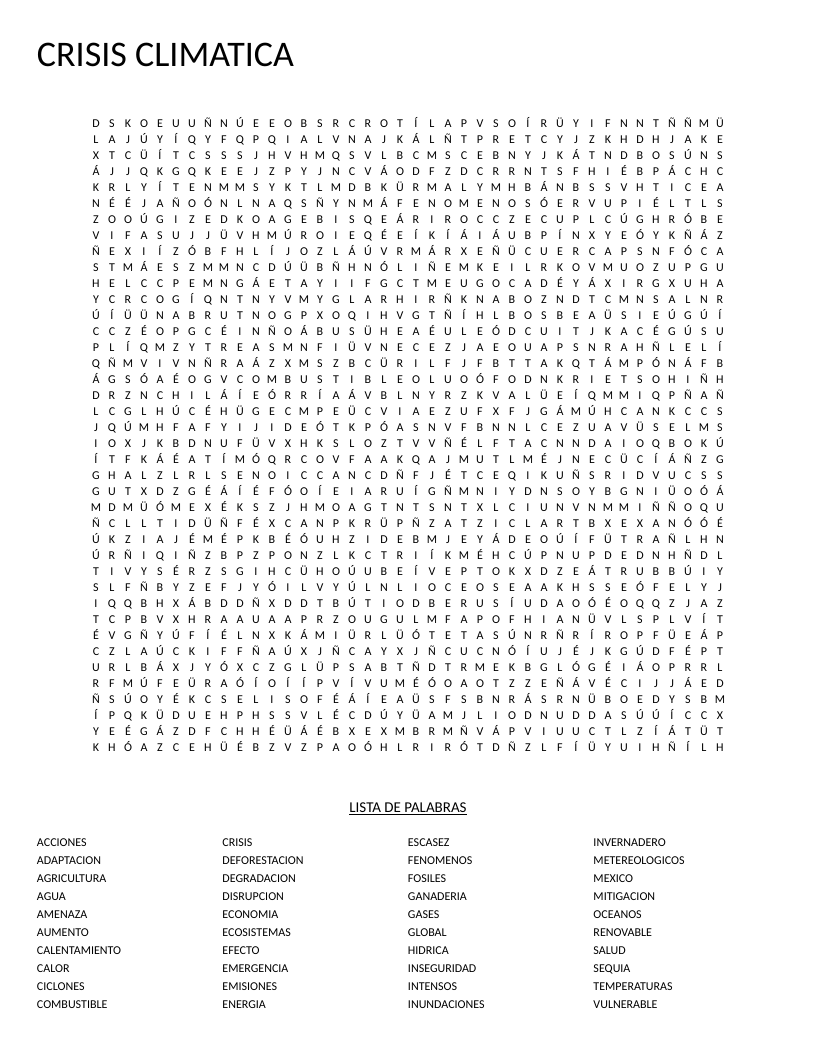 Spanish climate crisis word search with environmental vocabulary like calentamiento, deforestación, and renovable.