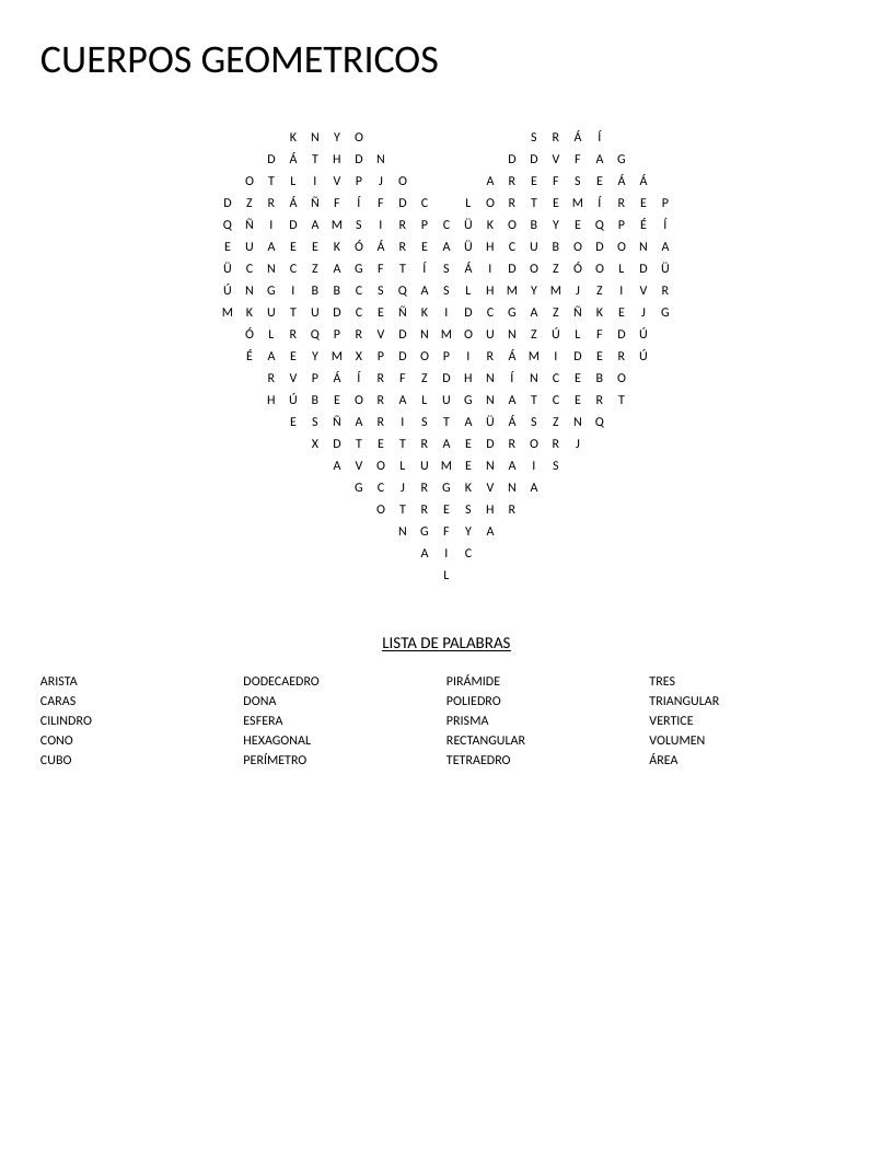Heart-shaped Spanish geometry word search with 3D shapes like prisma, esfera, and cubo.