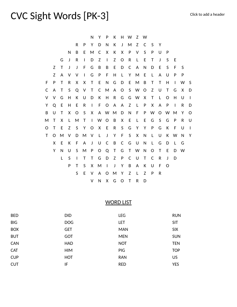 Circle-shaped CVC sight words word search with early-reading words like cat, run, and sun.