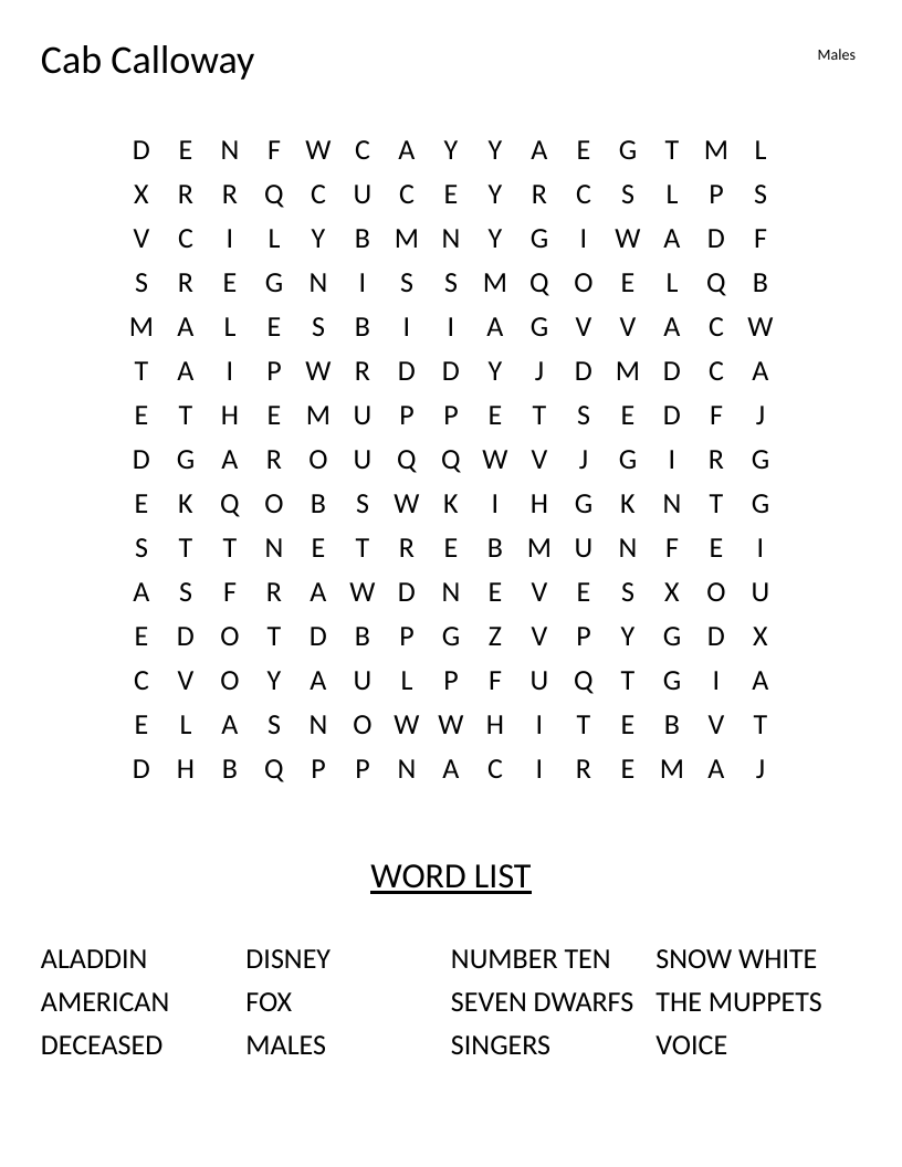 Cab Calloway word search with words like jazz, Disney, Aladdin, and Muppets.