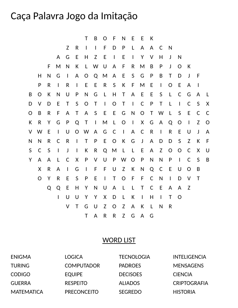 Circle-shaped Portuguese word search about Alan Turing with words like criptografia, Enigma, and computador.