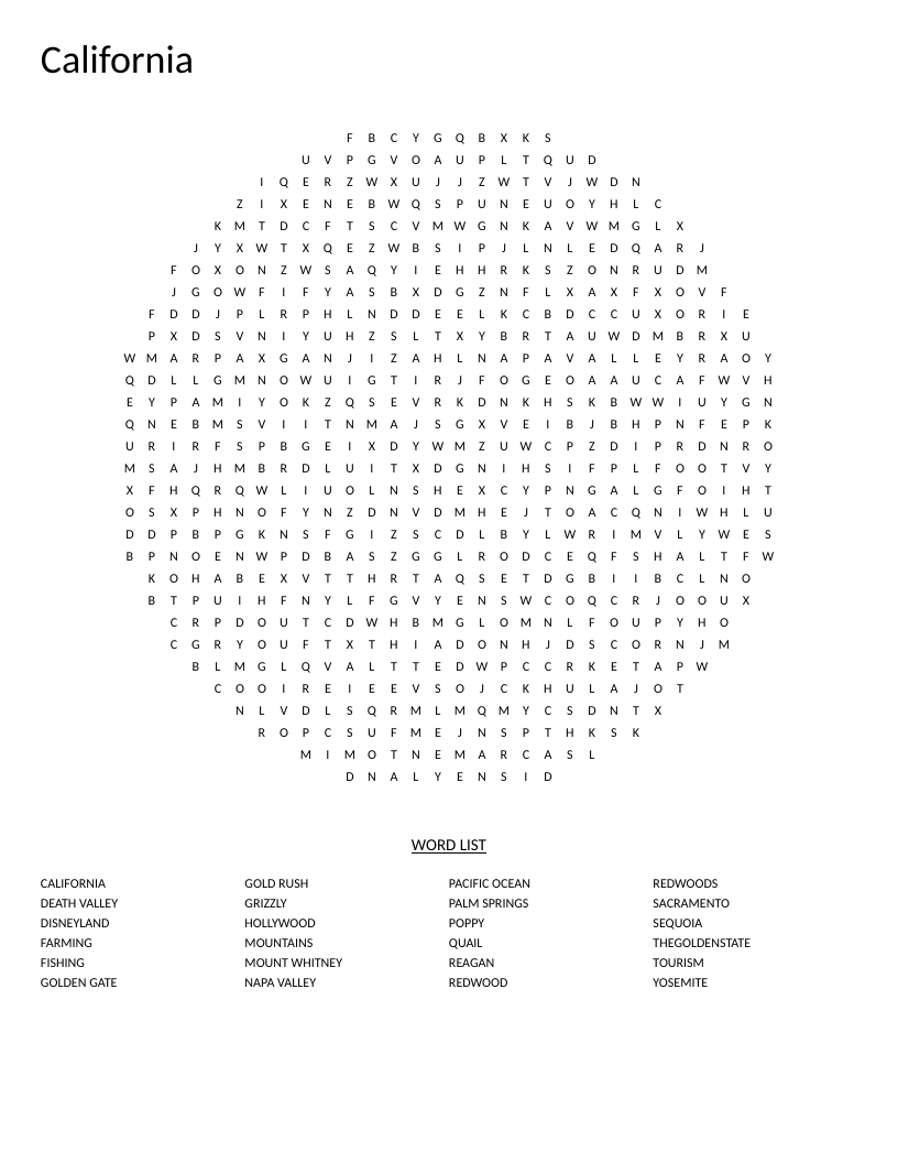 California word search with landmarks including Yosemite, Disneyland, Golden Gate, and Death Valley.