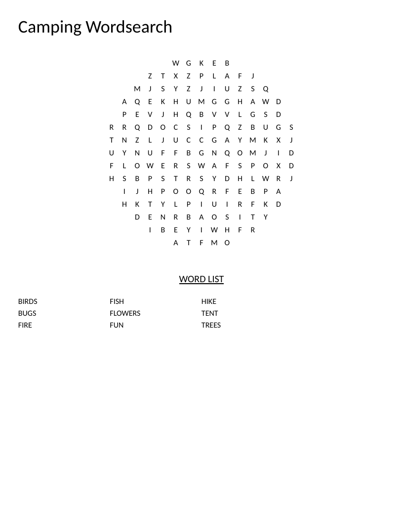 Circular camping word search with short words like tent, fire, and hike.