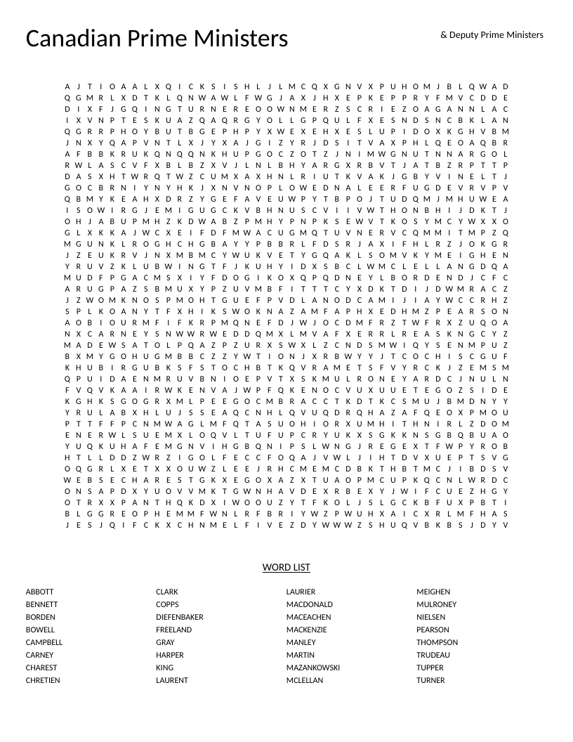 Canadian Prime Ministers and Deputy Prime Ministers word search with names like Trudeau, Laurier, and Macdonald.