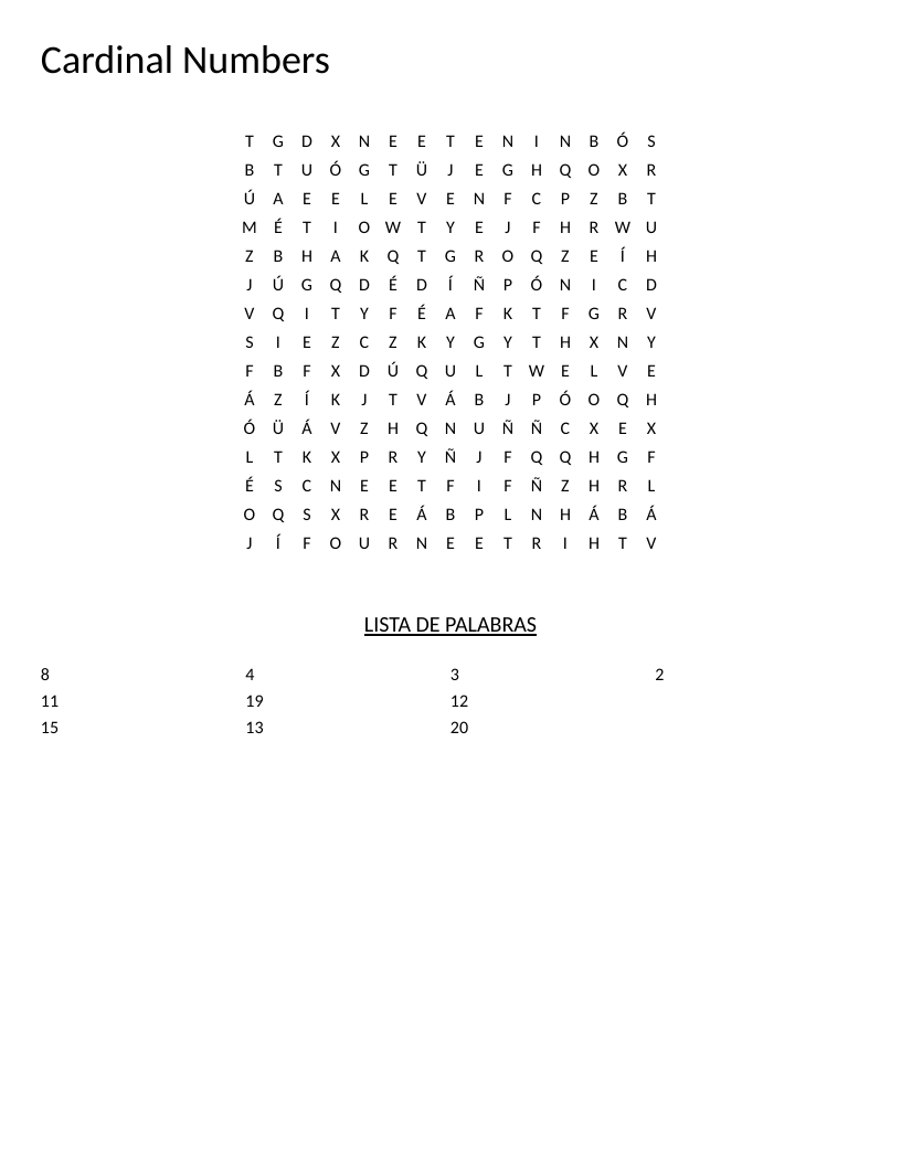 Cardinal numbers word search with words like eight, twenty, and fifteen.