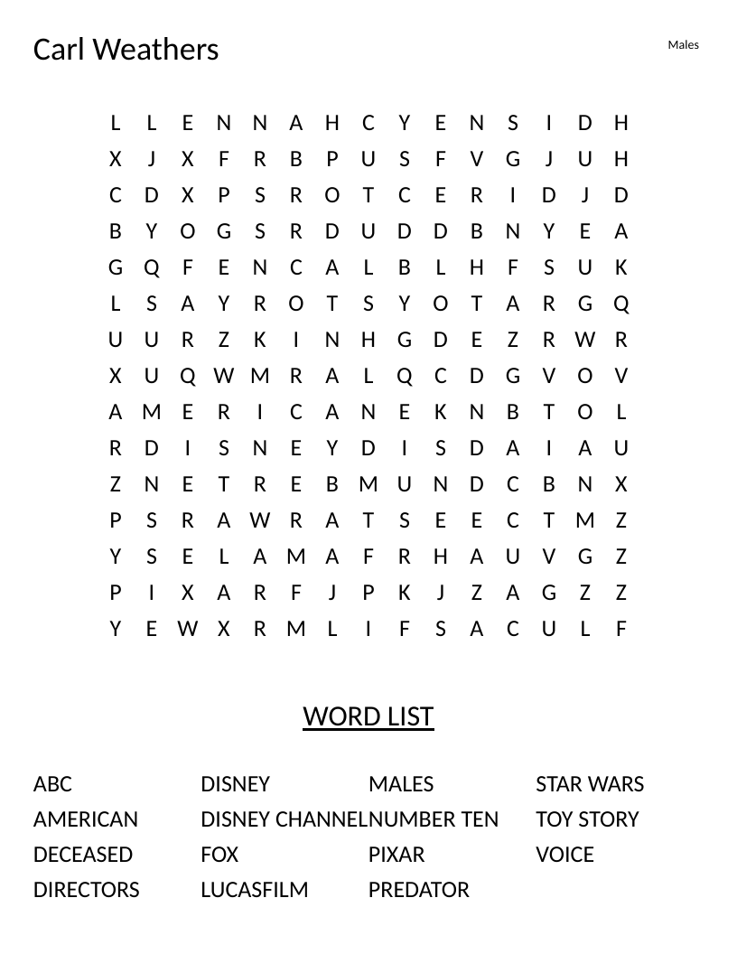 Carl Weathers word search with Toy Story, Star Wars, Predator, and other career highlights.