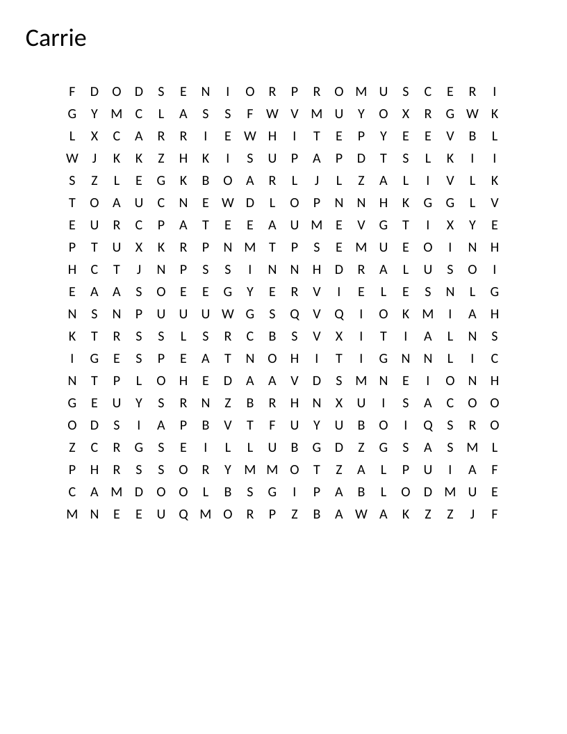 Carrie word search with Stephen King novel words including telekinesis and promqueen.