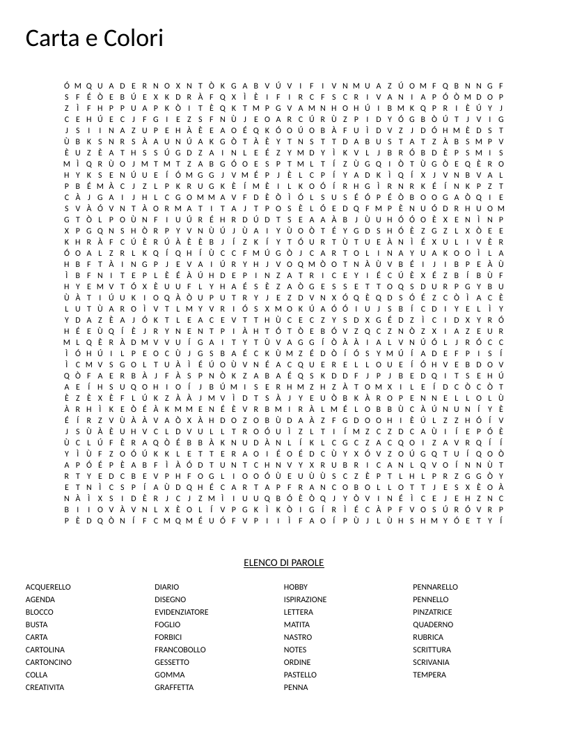 Italian art supplies word search with words like matita, pennello, acquerello, and tempera.