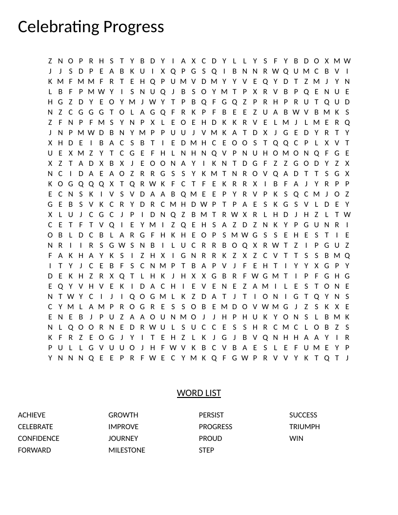 Growth-mindset word search with words like achieve, milestone, progress, and triumph.