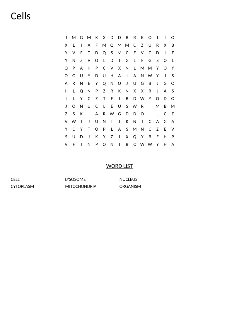 Cells word search with biology vocabulary including nucleus, cytoplasm, and mitochondria.