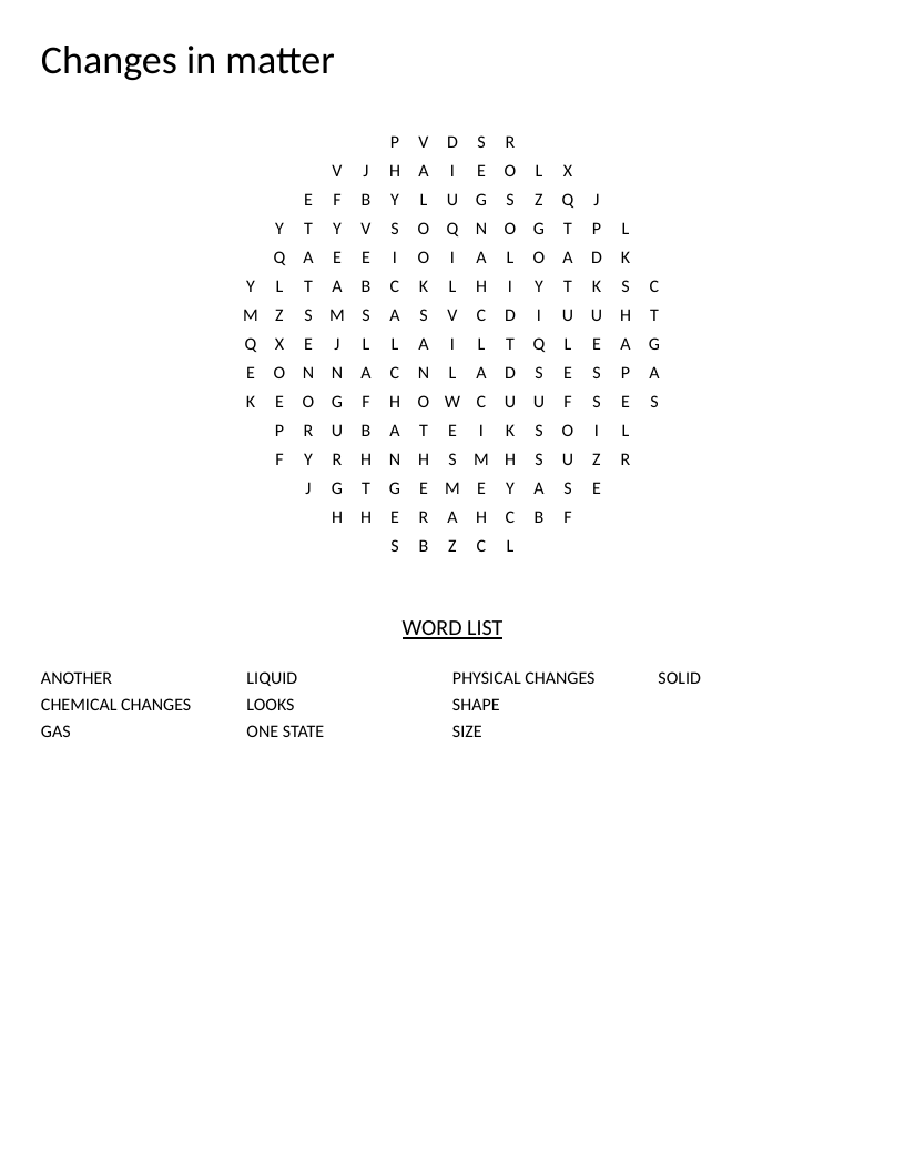 Circle-shaped word search on states of matter and changes, with words like solid, liquid, and gas.