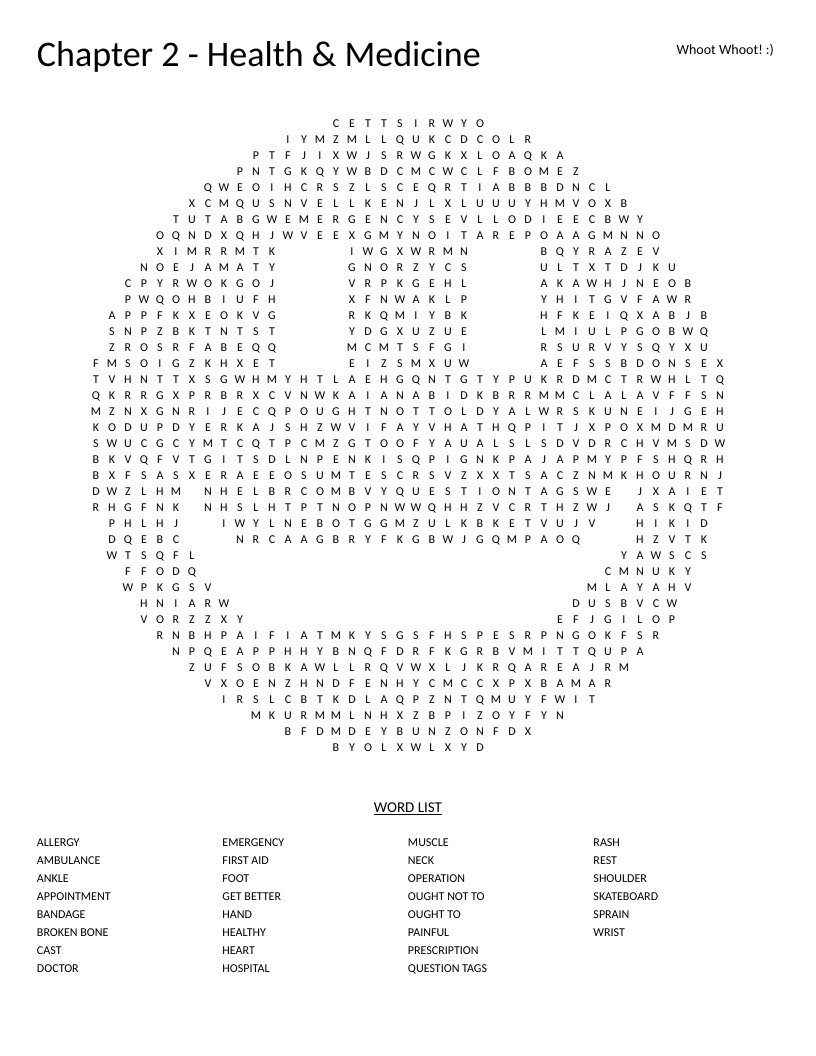 Smiley-shaped health and medicine word search with words like heart, ambulance, and hospital.