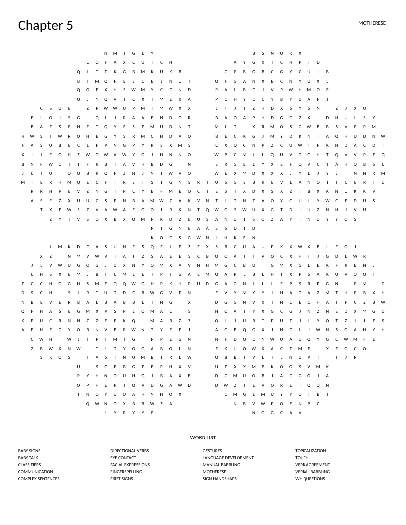 Sign language word search with terms like fingerspelling, classifiers, and topicalization in a clover shape.