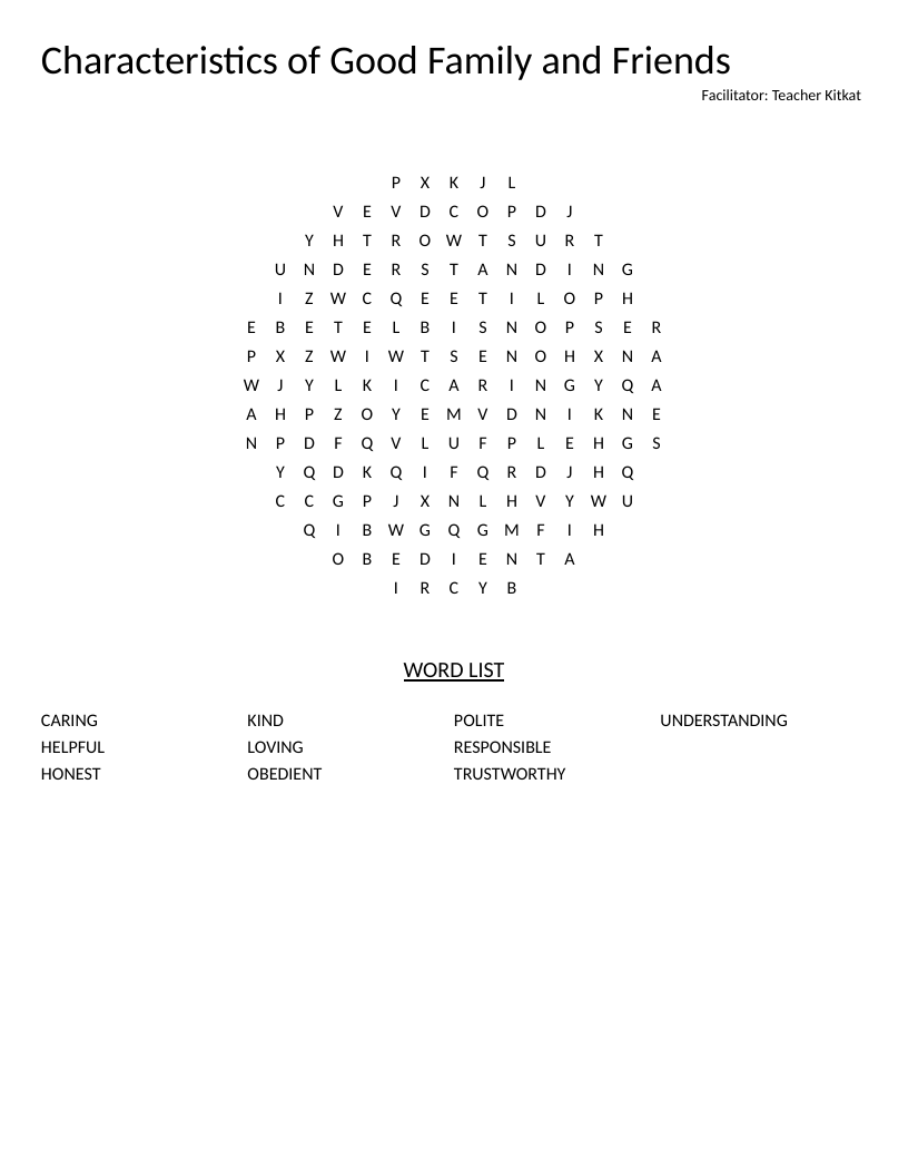 Circle word search on character traits: caring, understanding, trustworthy, kind, and responsible.