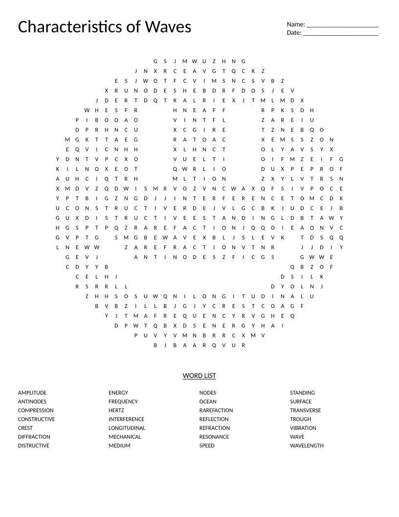 Smiley-shaped physics word search on wave characteristics including amplitude, frequency, and wavelength.