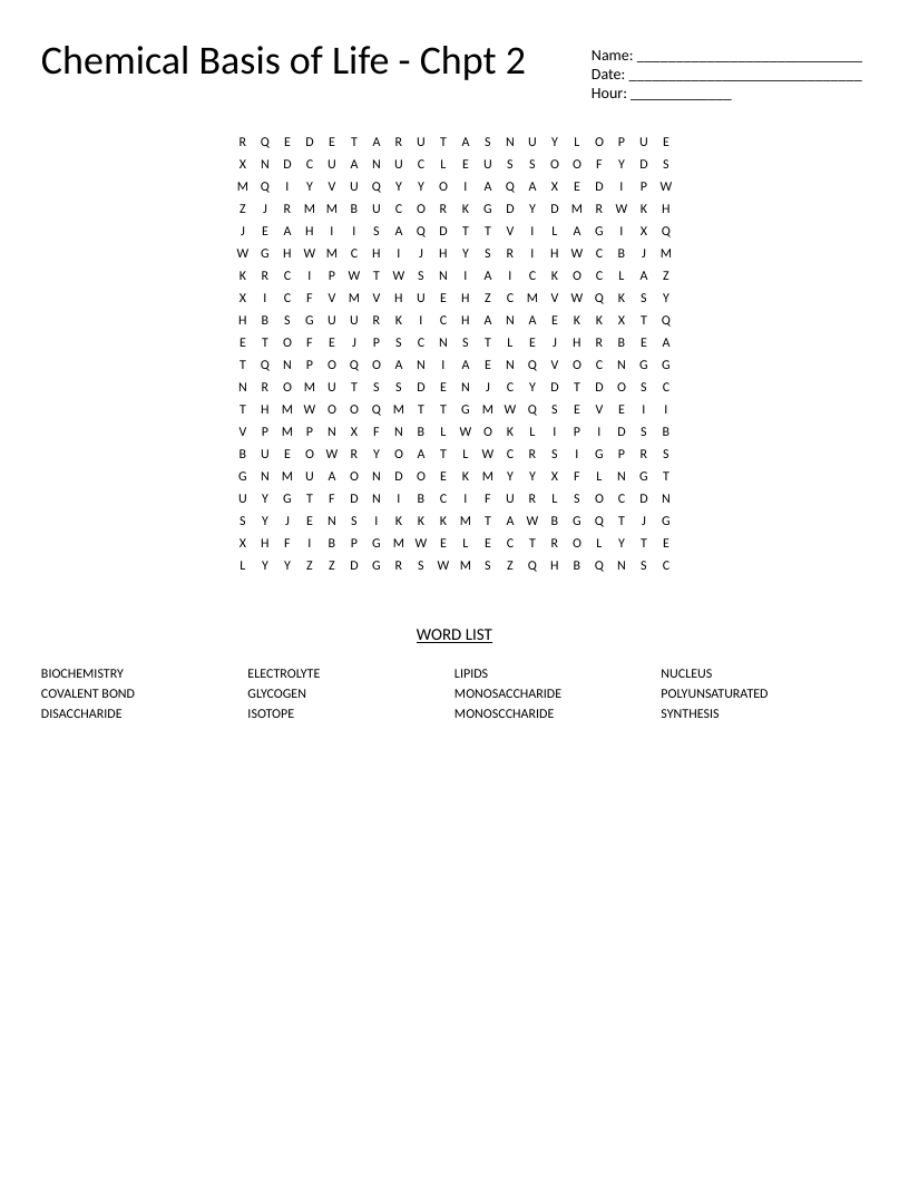Chemistry word search with vocabulary including monosaccharide, disaccharide, and polyunsaturated.