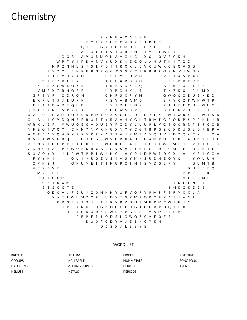 Smiley-shaped chemistry word search with periodic table words like noble gases and halogens.