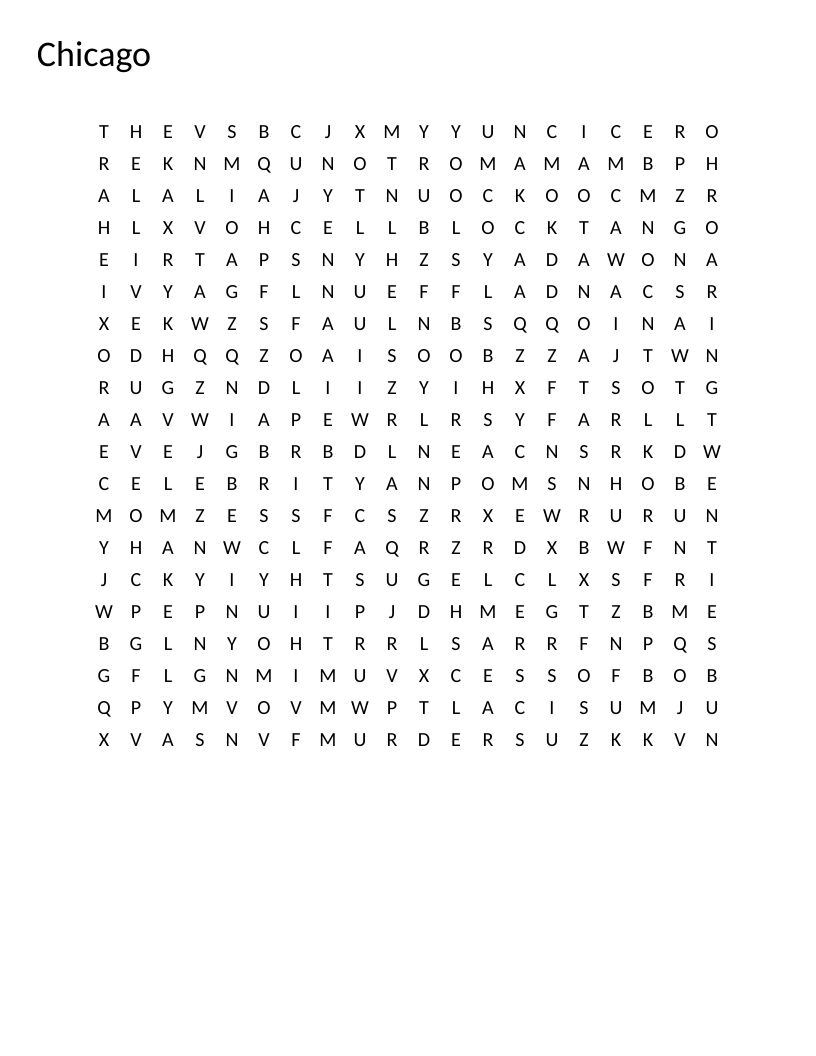 Chicago musical word search featuring characters Roxie Hart, Velma Kelly, and famous songs.