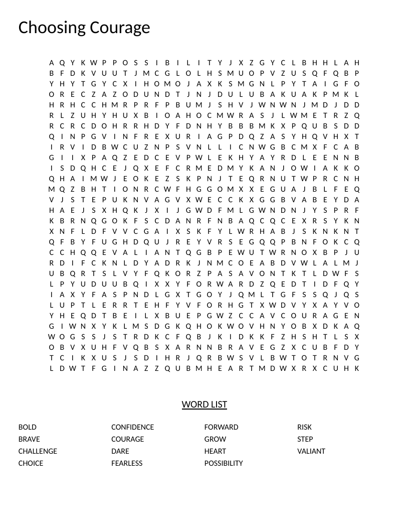 Courage-themed word search with words like brave, fearless, confidence, and possibility.