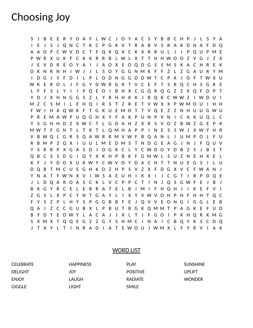 Choosing Joy word search for elementary students with words like smile, sunshine, and happiness.