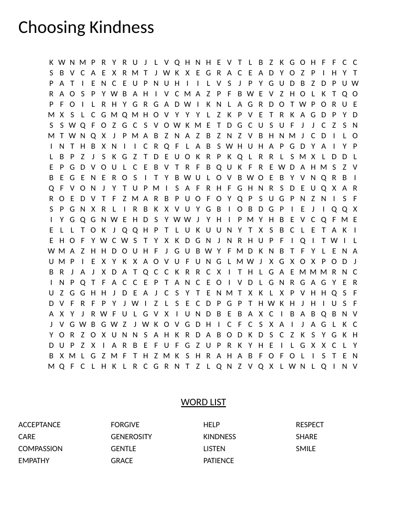 Kindness word search with social-emotional vocabulary including compassion, empathy, and forgive.