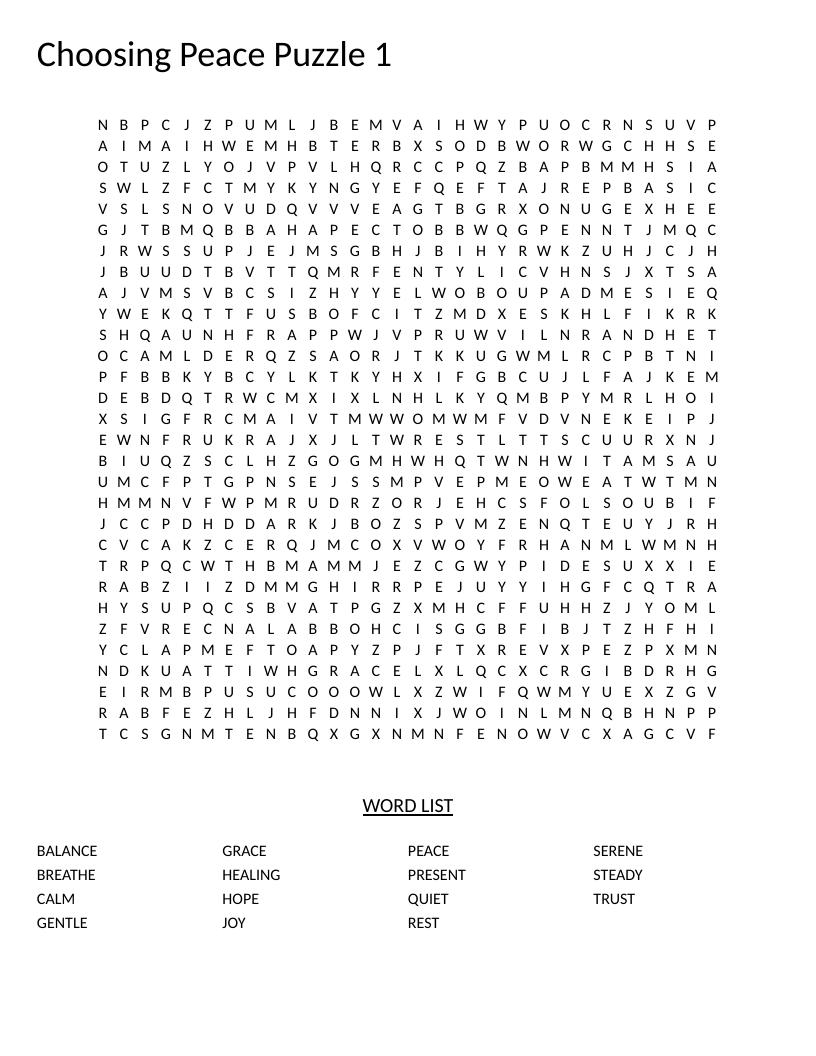 Mindfulness word search with wellness words like peace, breathe, calm, and grace.