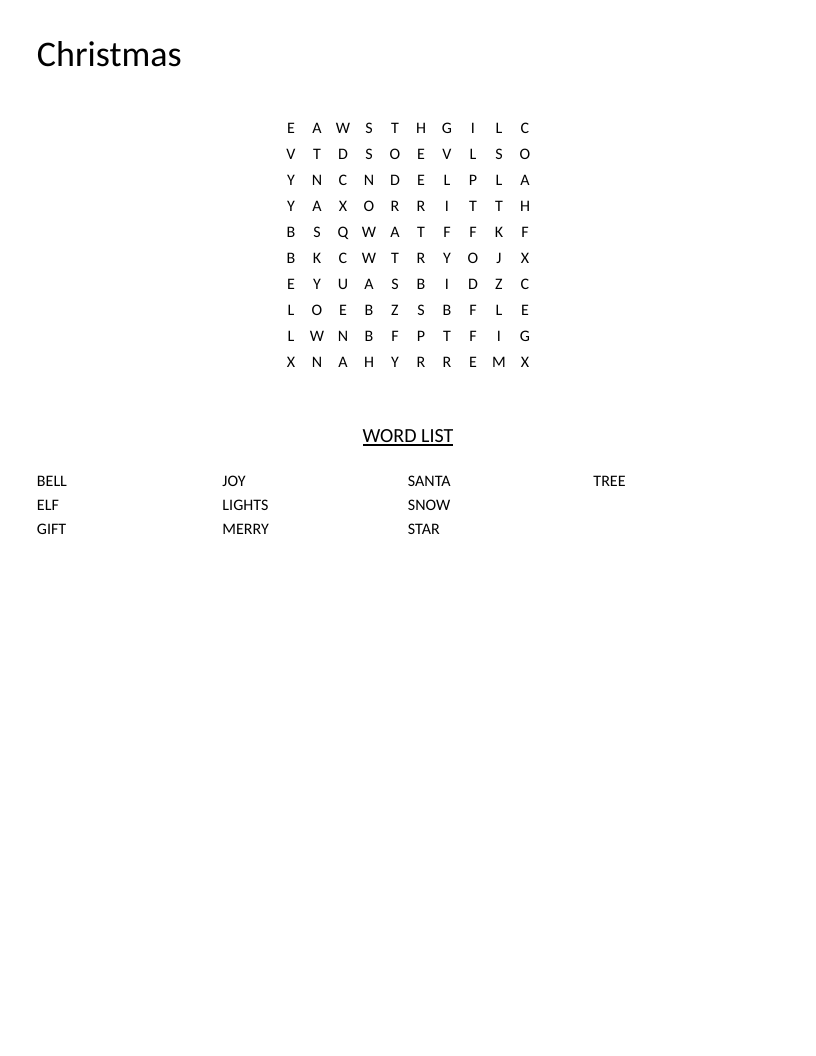 Christmas word search with words like Santa, tree, snow, gift, and joy for young children.