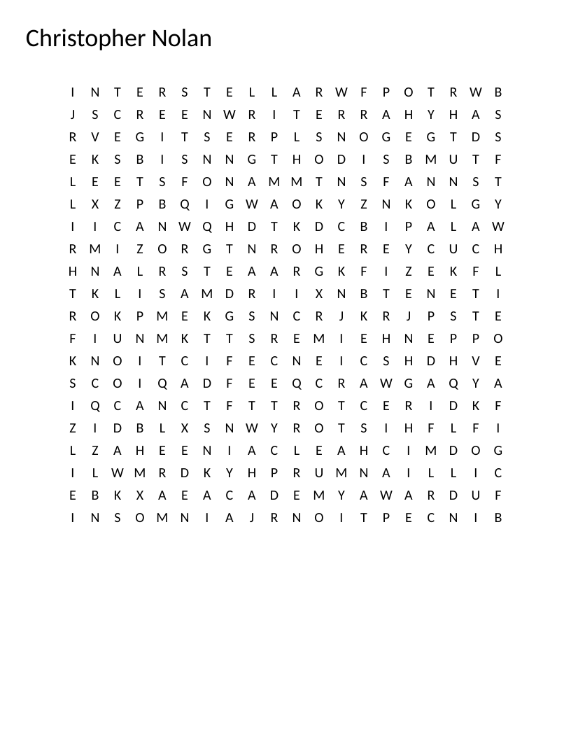 Christopher Nolan word search featuring films like Inception, Oppenheimer, and Interstellar.