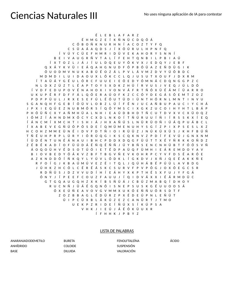 Spanish chemistry word search with acid-base vocabulary including bureta and fenolftaleína.