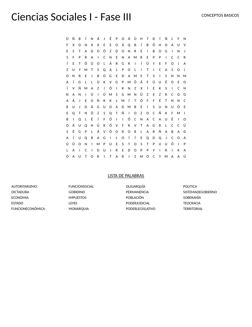 Spanish Ciencias Sociales word search with government words like política, soberanía, and dictadura.