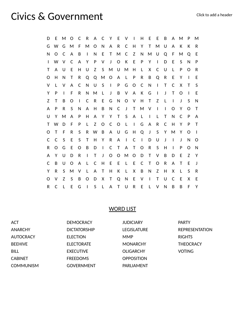 Civics and government word search with words like democracy, parliament, and judiciary.