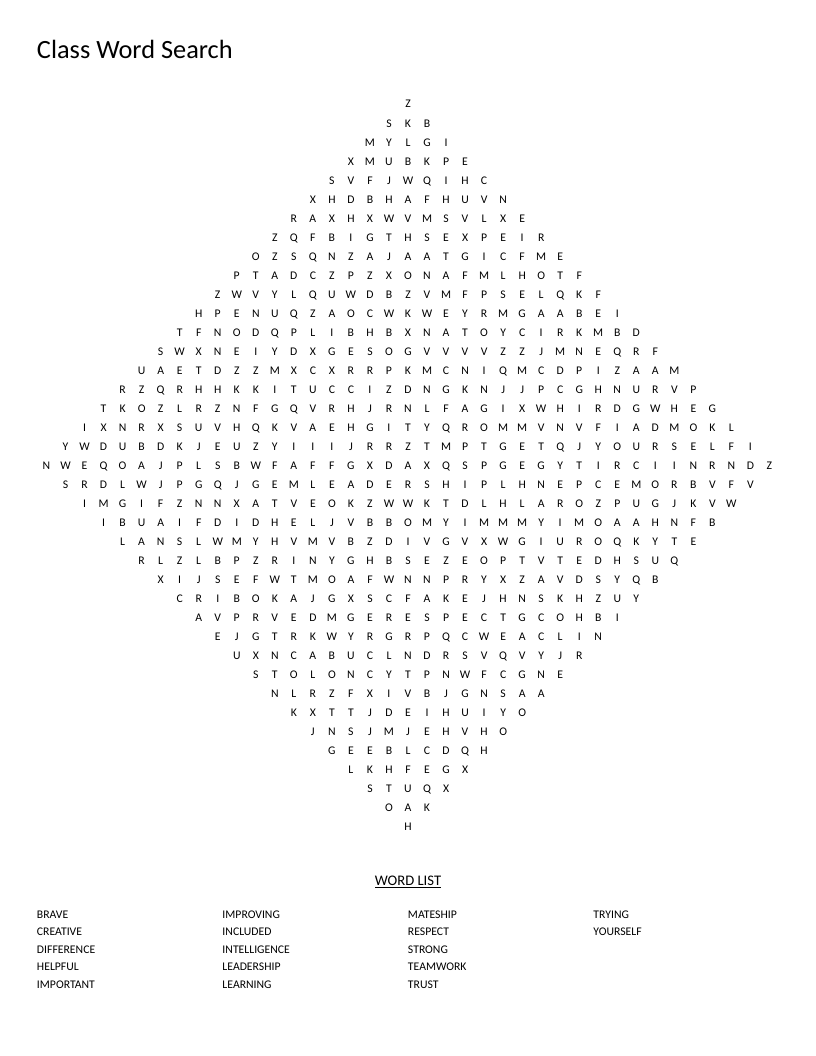 Diamond-shaped classroom values word search with words like respect, teamwork, and leadership.
