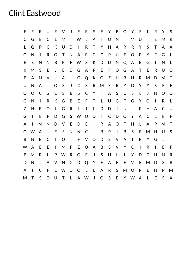 Clint Eastwood film word search featuring iconic movie titles like Unforgiven and Dirty Harry.