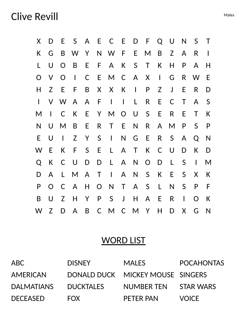 Clive Revill voice actor word search with Disney and Star Wars words.