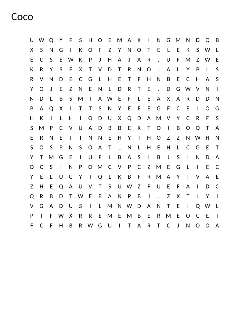 Coco movie word search with words like Miguel, ofrenda, and Ernesto de la Cruz.